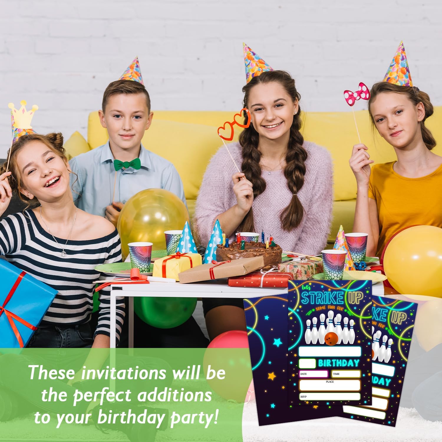 Neon Glow Birthday Invites for Kids Set of 20 with Envelopes