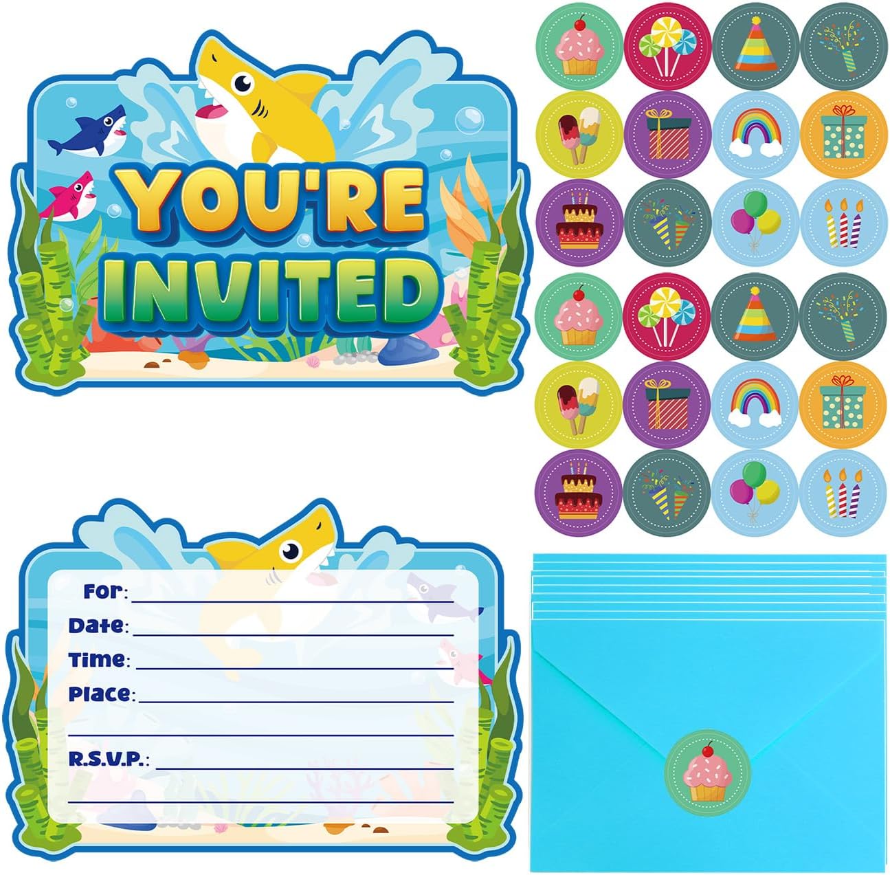 20Pcs Shark Birthday Invitations for Boys