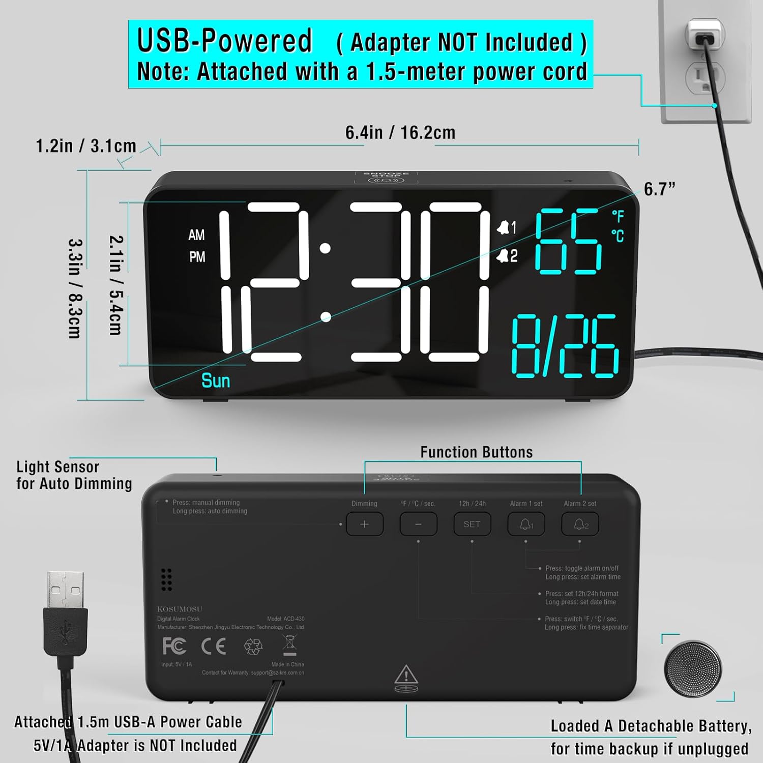 Kosumosu 67 Inch Digital Alarm Clock with Auto Dimming