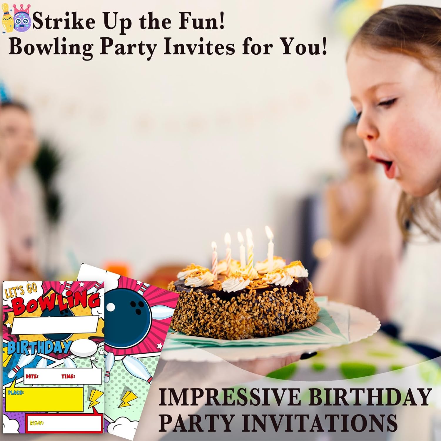 Bowling Birthday Invites with Envelopes 4x6 Inches 20 Sets
