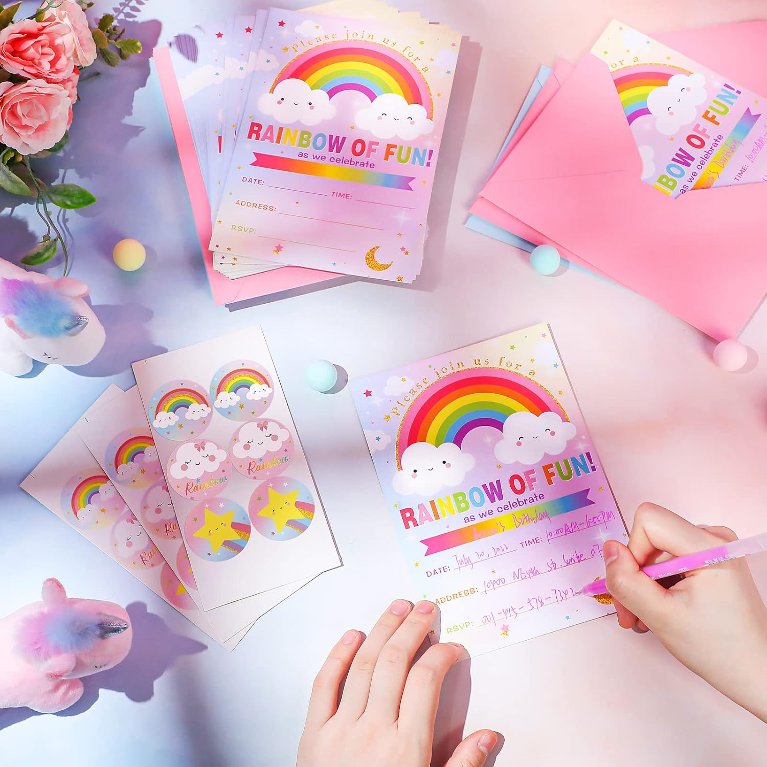 24 Piece Rainbow Party Invitation Set with Envelope and Sticker