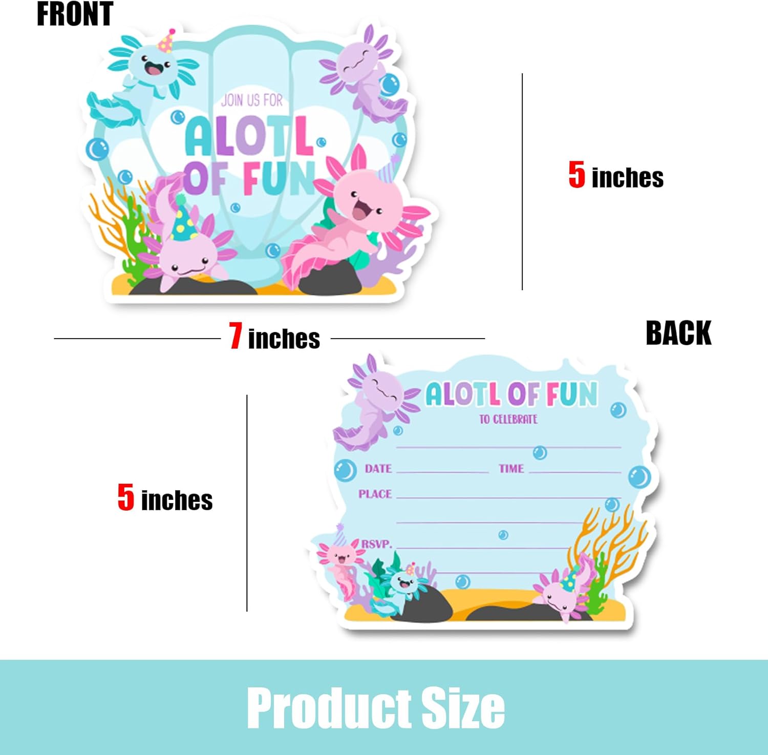 Axolotl Birthday Invitations with Envelopes 30Pcs
