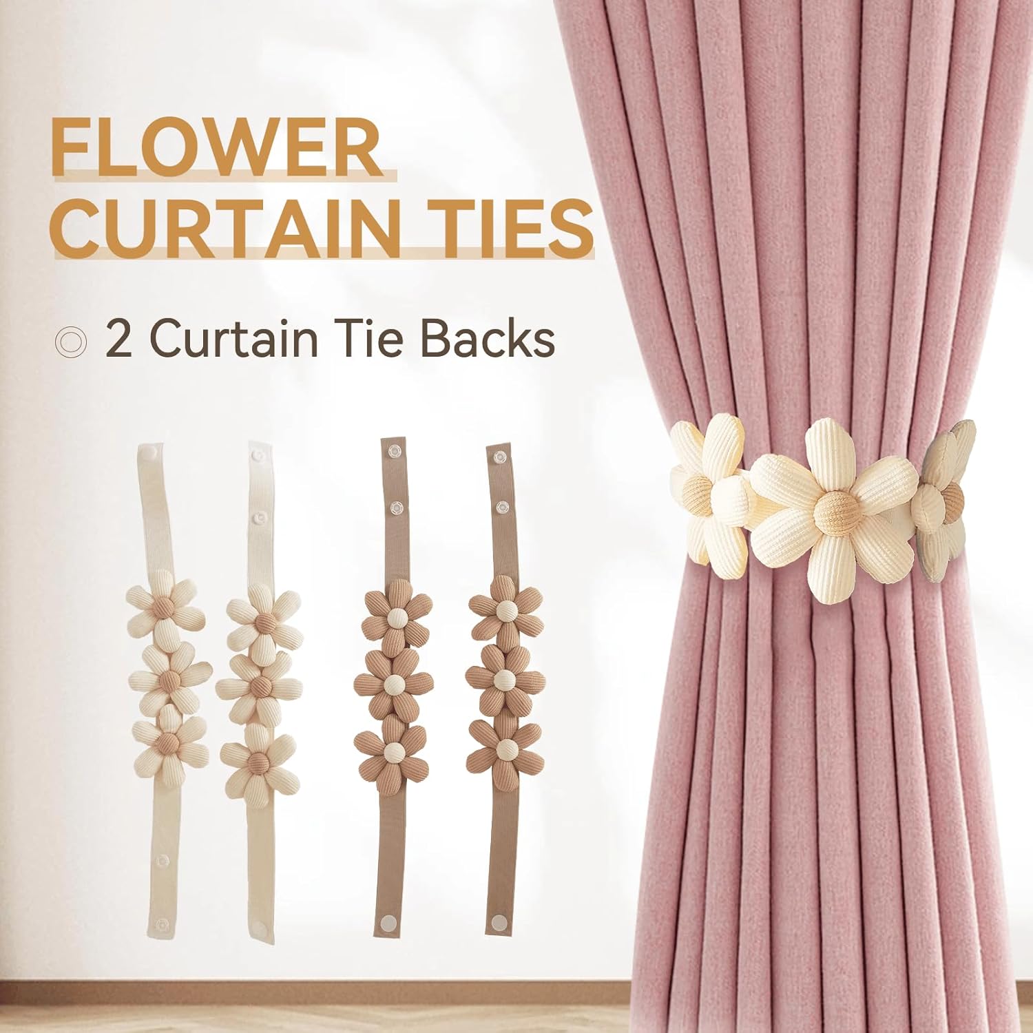 2 Pcs Flower Curtain Tiebacks with Buttons Beige