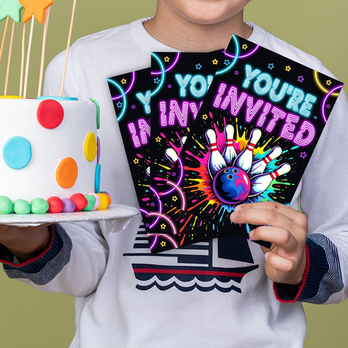 Neon Bowling Birthday Party Invitations Set