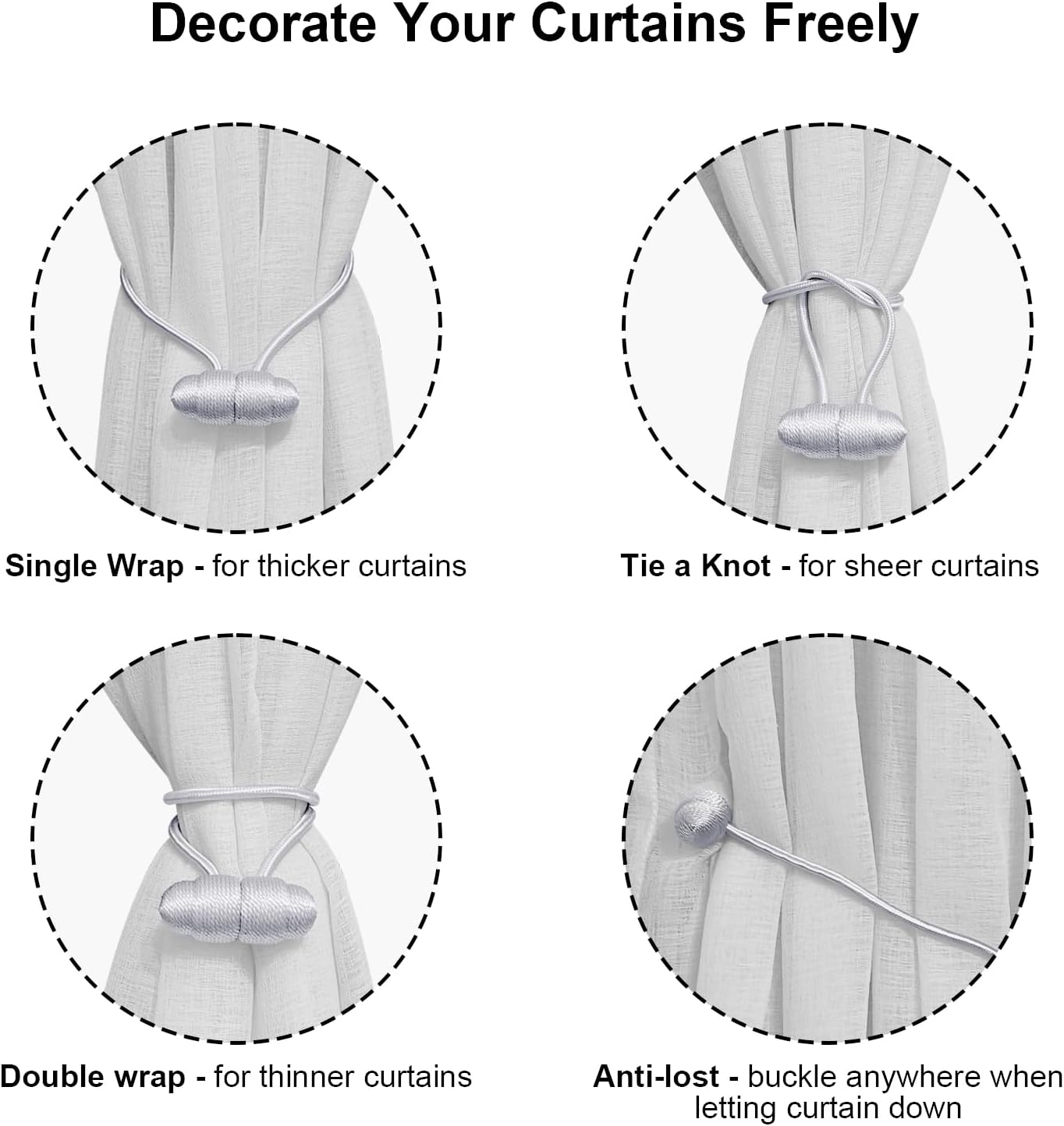 Tifanso Gray Magnetic Curtain Holdbacks 4pcs