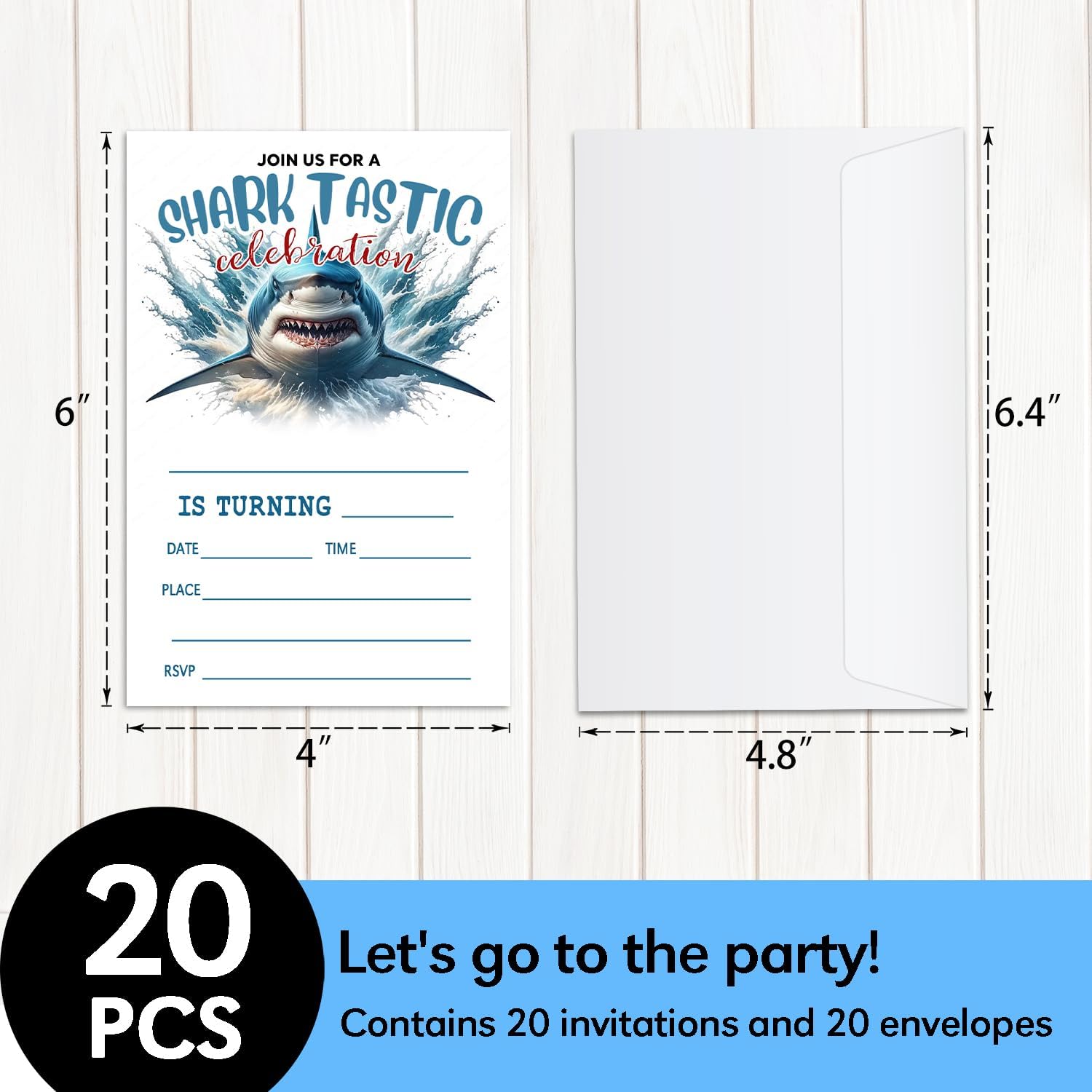 20 Shark Birthday Invitations with Envelopes