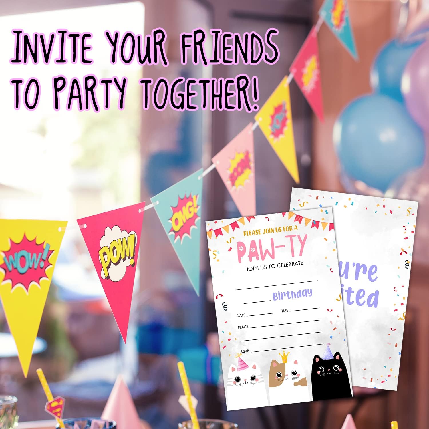 LWBEO Cat Birthday Invitation Cards with Envelopes