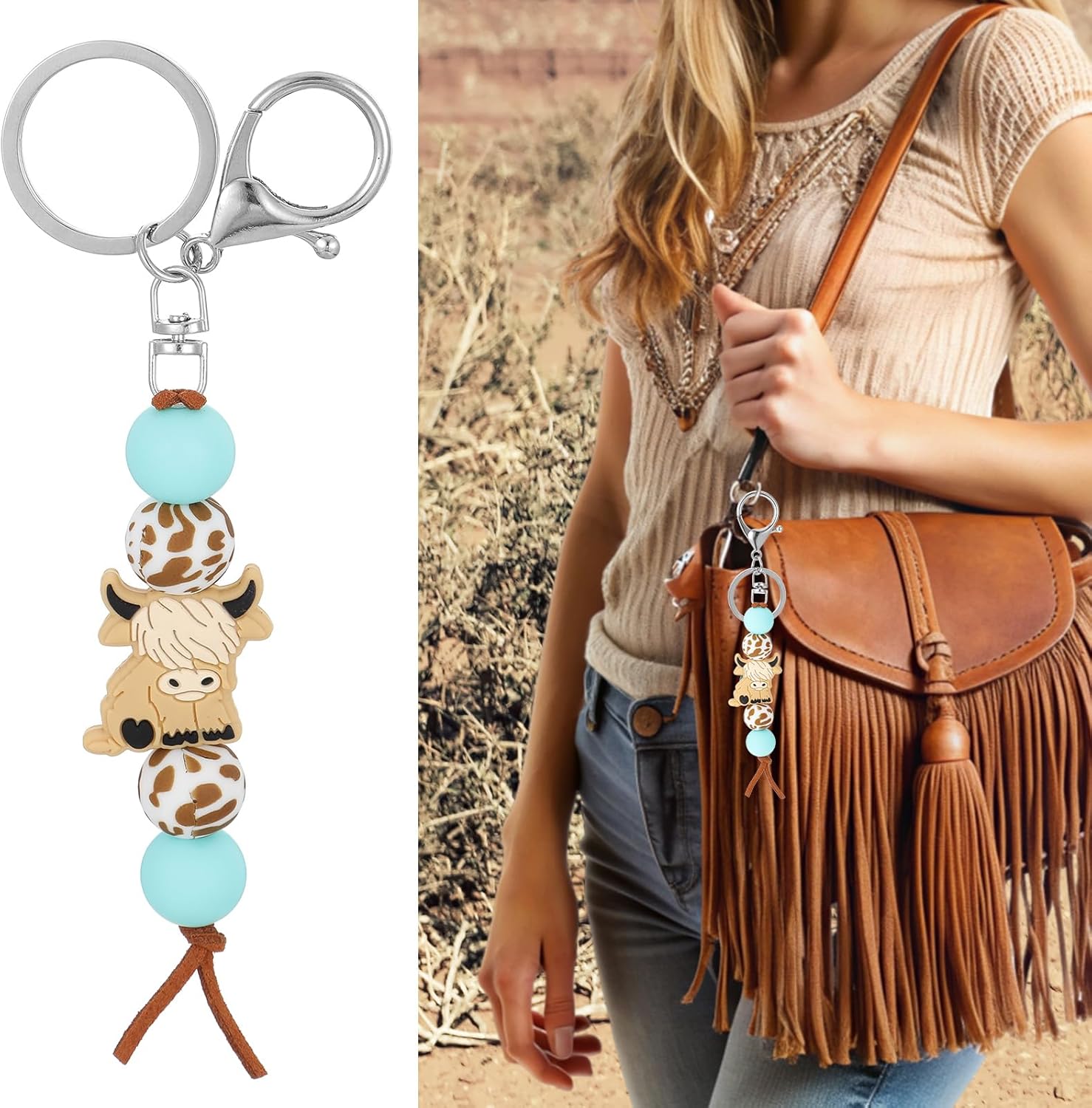 Cute Cow Keychain with Beads and Clip