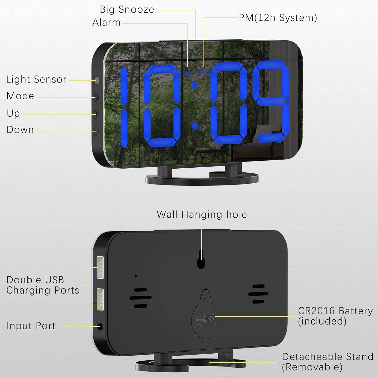WulaWindy Digital Alarm Clock with USB Charger and Large Mirror