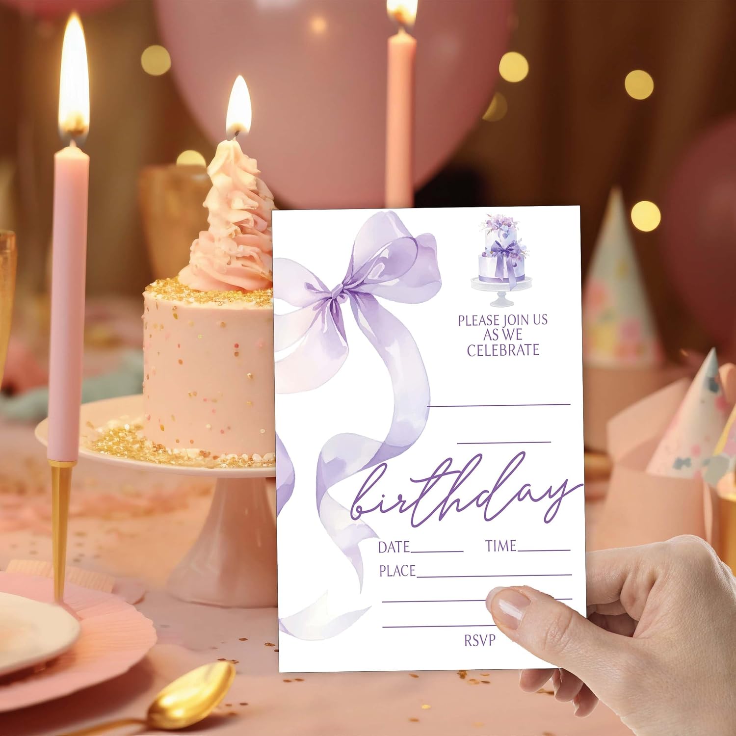 Eronm Purple Bow Birthday Invitations 20 Pack