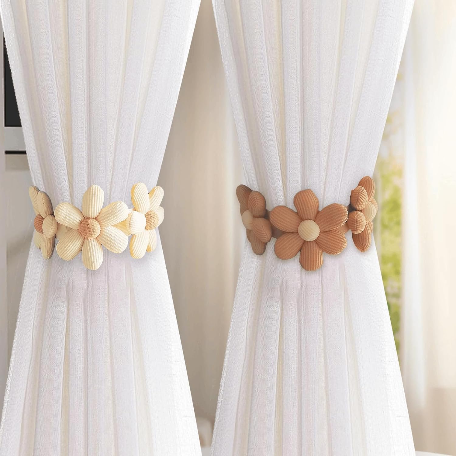2 Pcs Flower Curtain Tiebacks with Buttons Beige