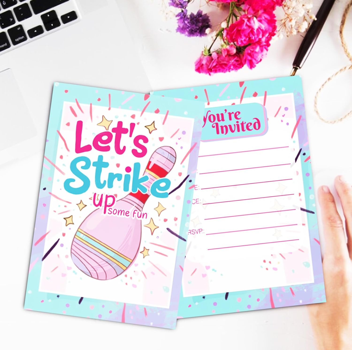 Pink Bowling Birthday Party Invitation Cards 30 Pack with Envelopes