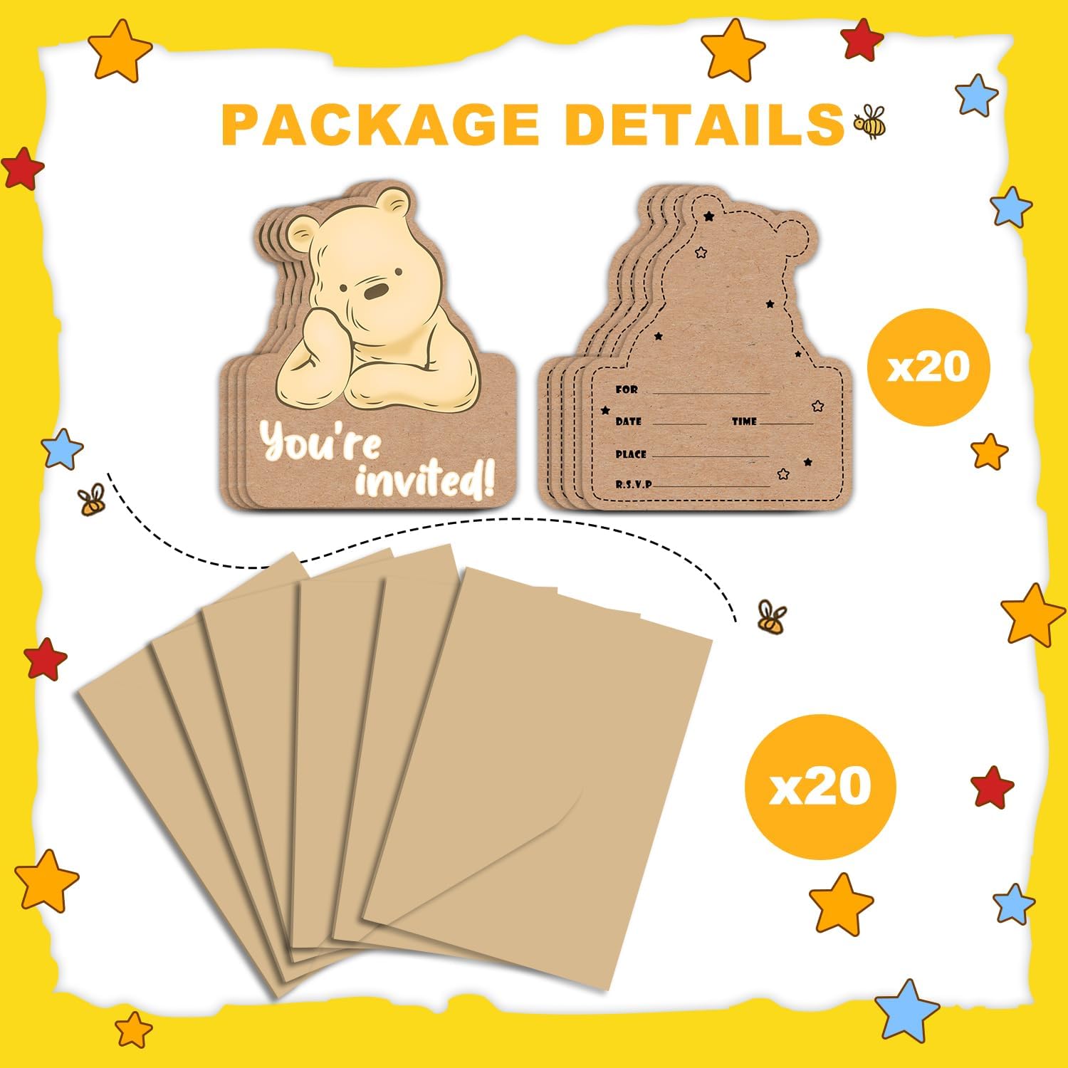 20PCS Winnie The Pooh Party Invitations with Envelopes