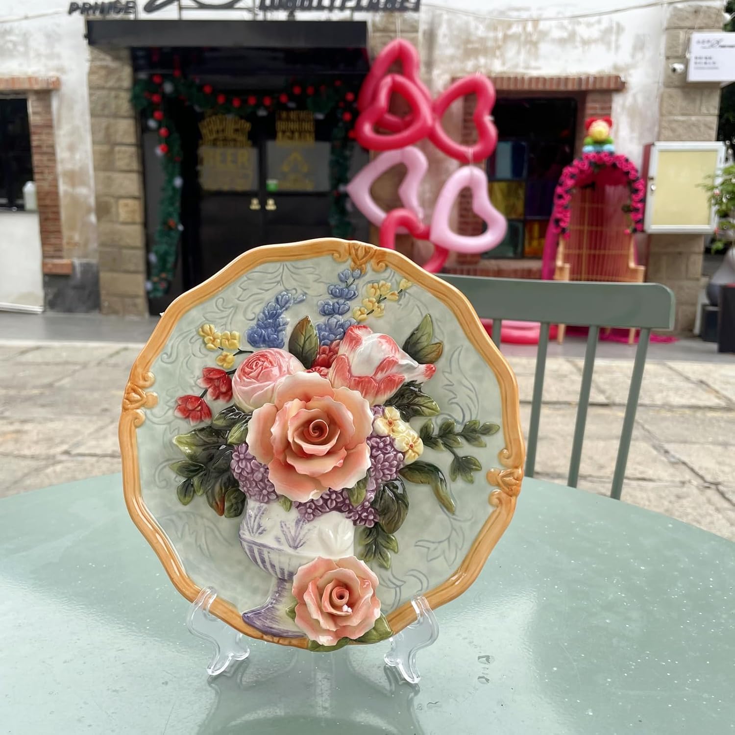 Ceramic Decorative Plate with 3D Red Rose Design - 8 Inch