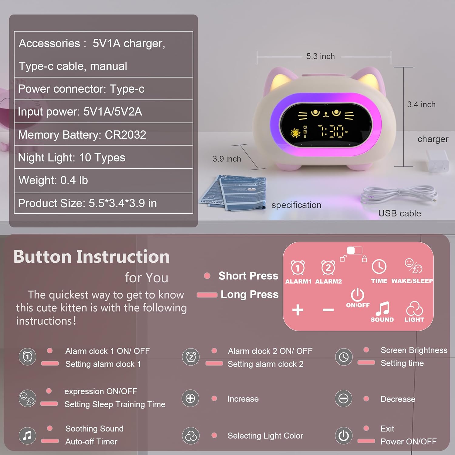 Charming Cat Alarm Clock for Kids with Dual Alarm and Night Light