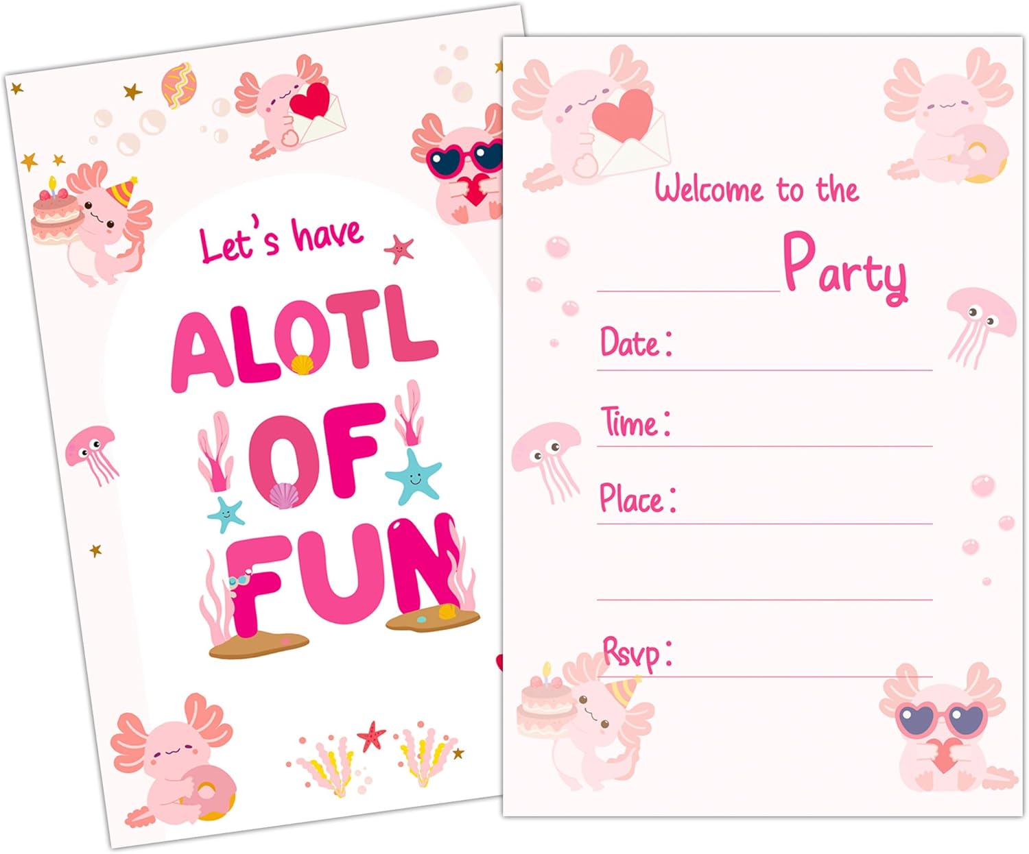 Axolotl Birthday Invitations Set with Envelopes