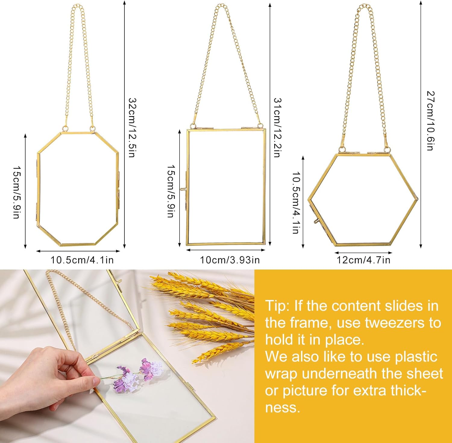 3 Pcs Brass Pressed Flower Frames with Chain