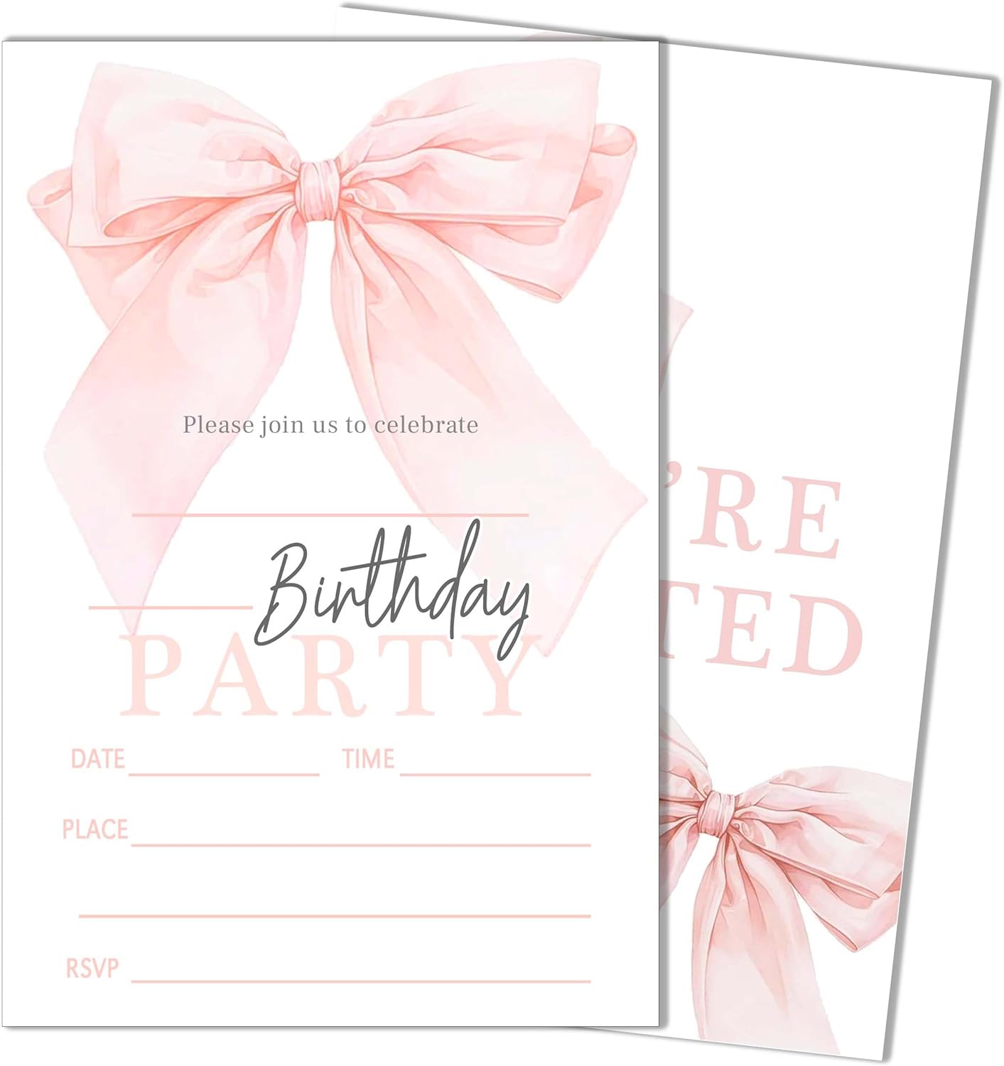 20 Pink Bow Birthday Invitations with Envelopes
