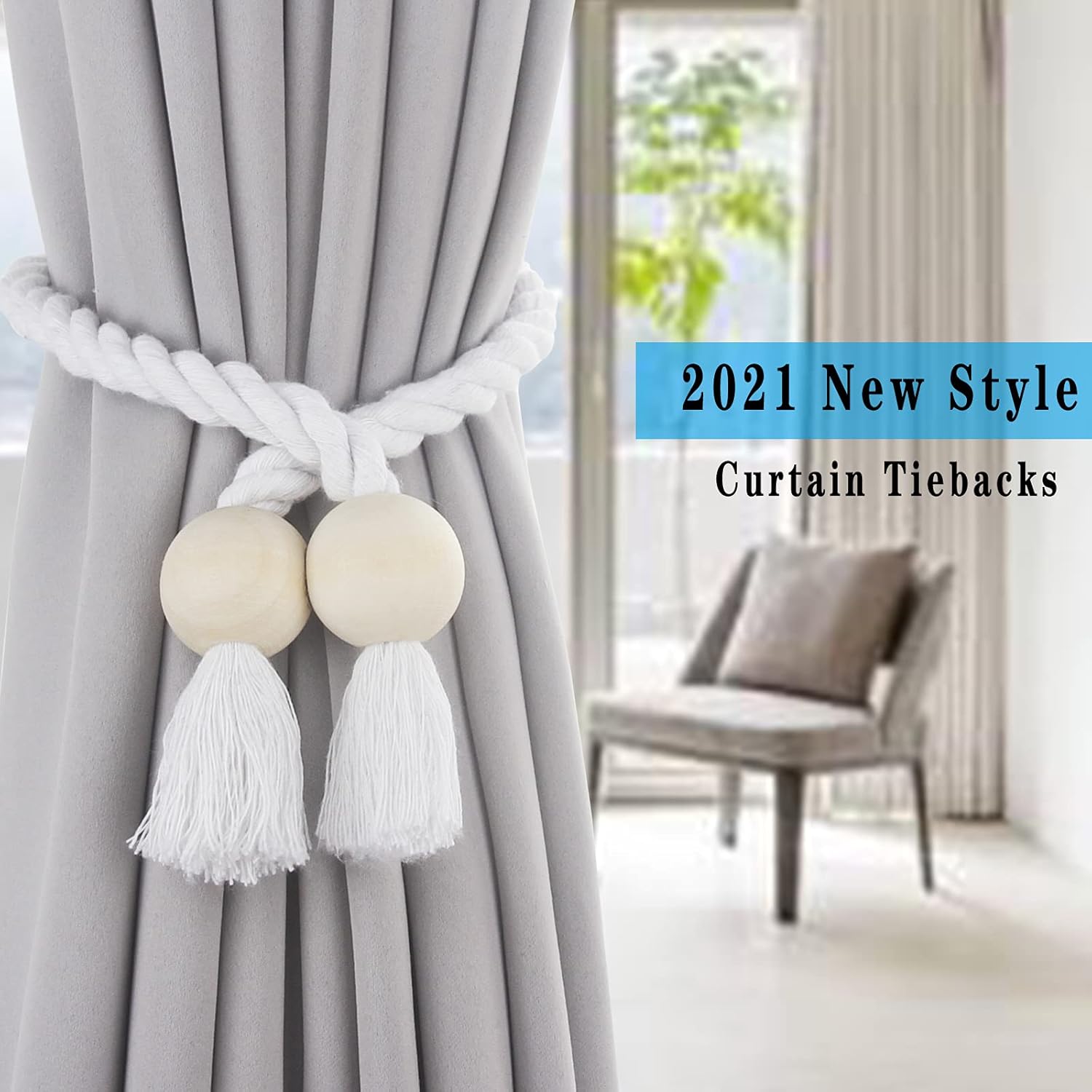 4 Pack White Magnetic Curtain Tiebacks with Wooden Buckle