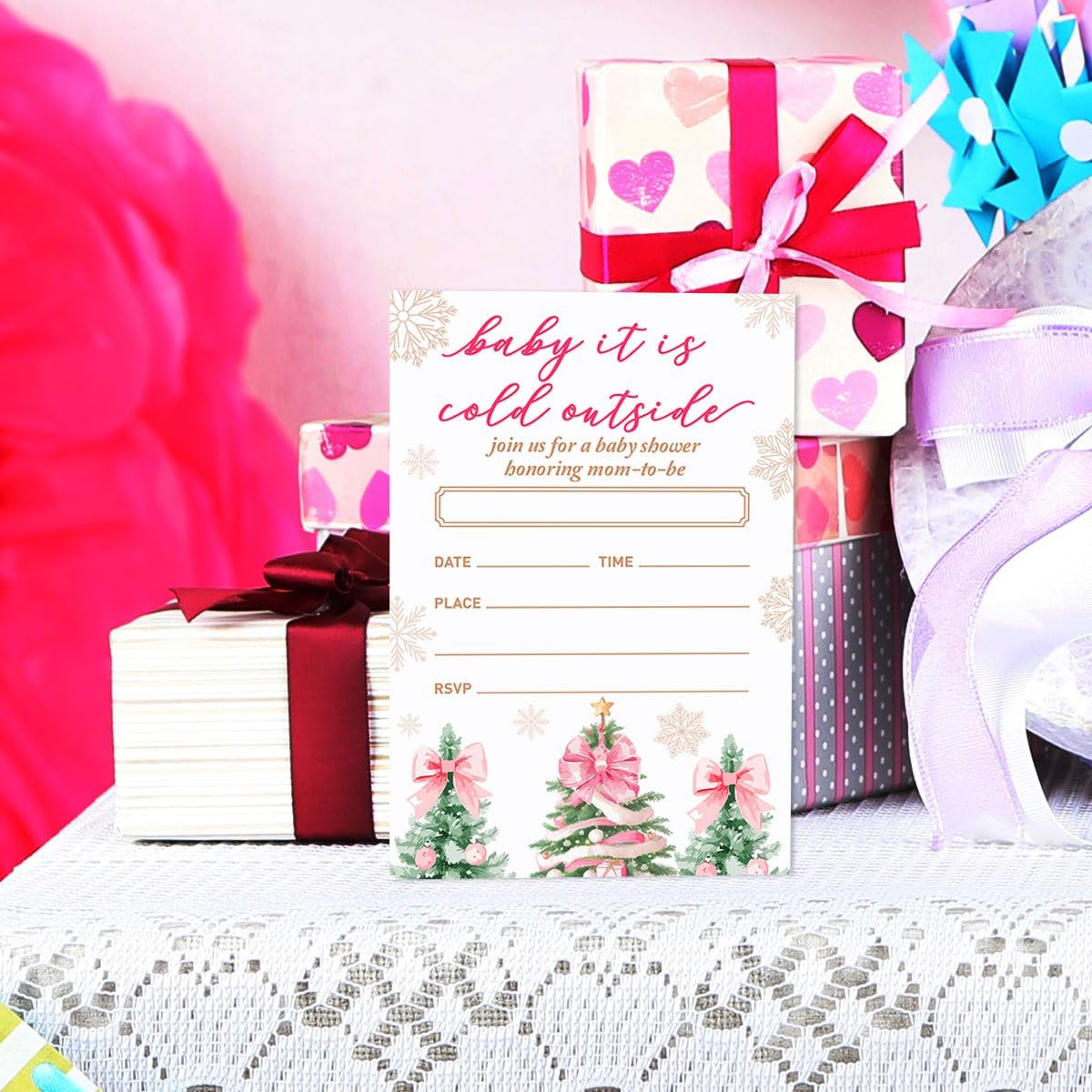 Winter Baby Shower Party Invitations Set of 20 Pink Christmas