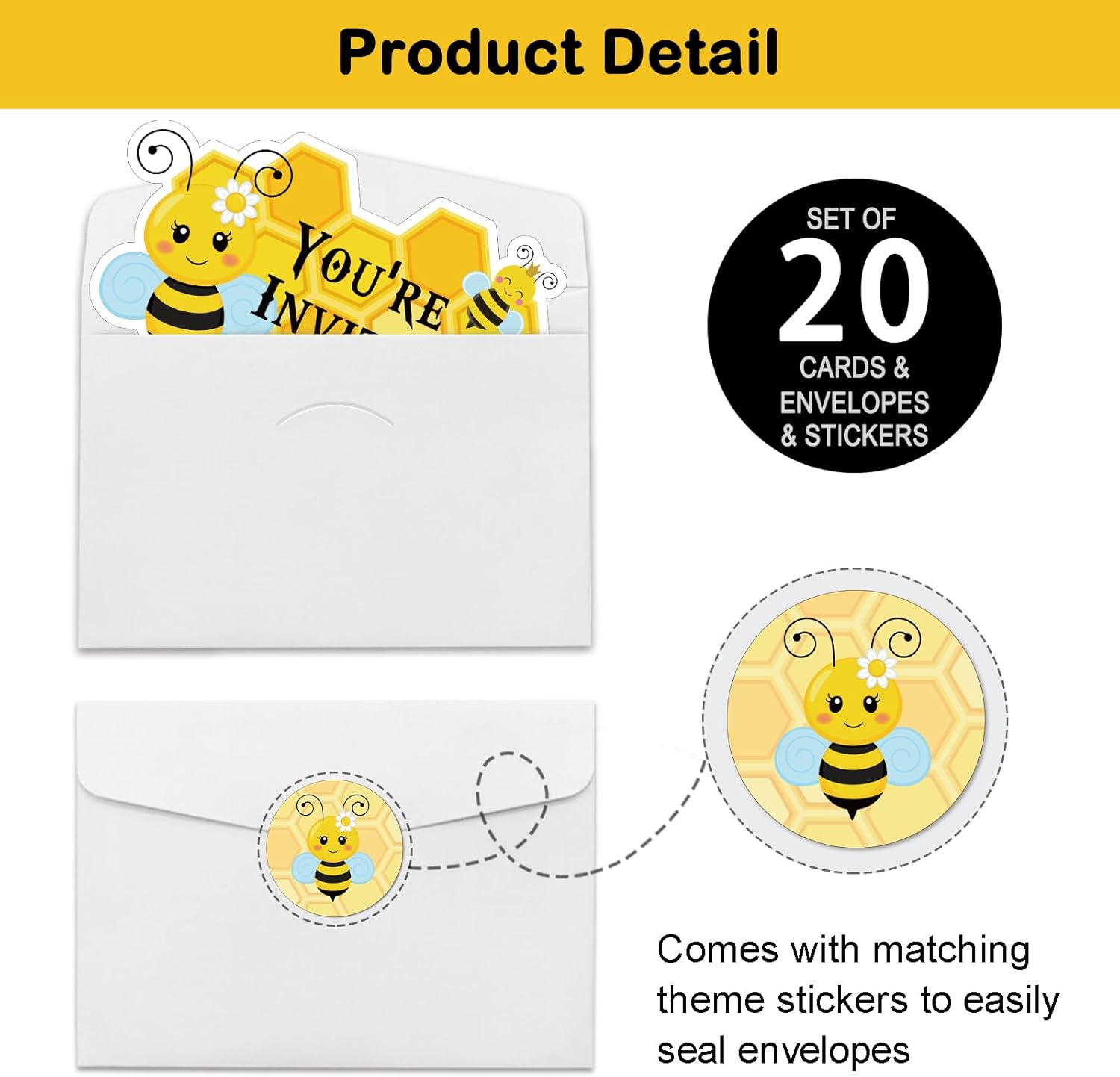20 Pack Bee Shape Birthday Invitations with Envelopes and Stickers