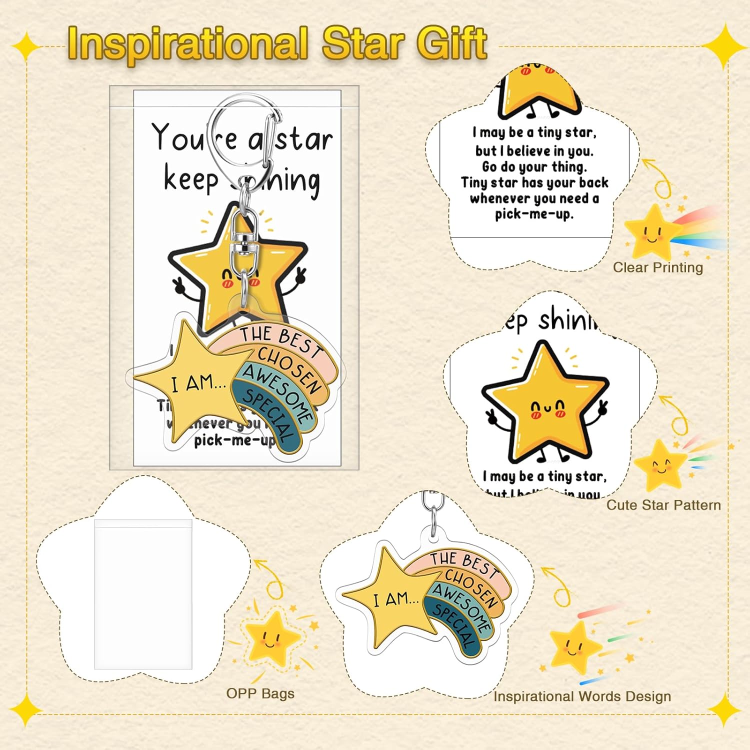 Henoyso 12 Sets Star Keychain Bulk with Motivational Words