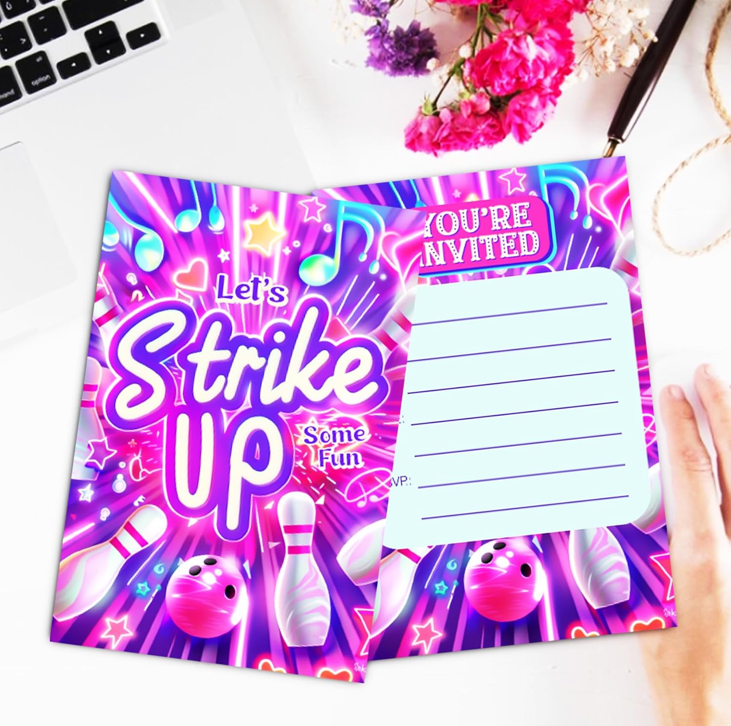 Neon Bowling Birthday Party Invitation for Girls Kids