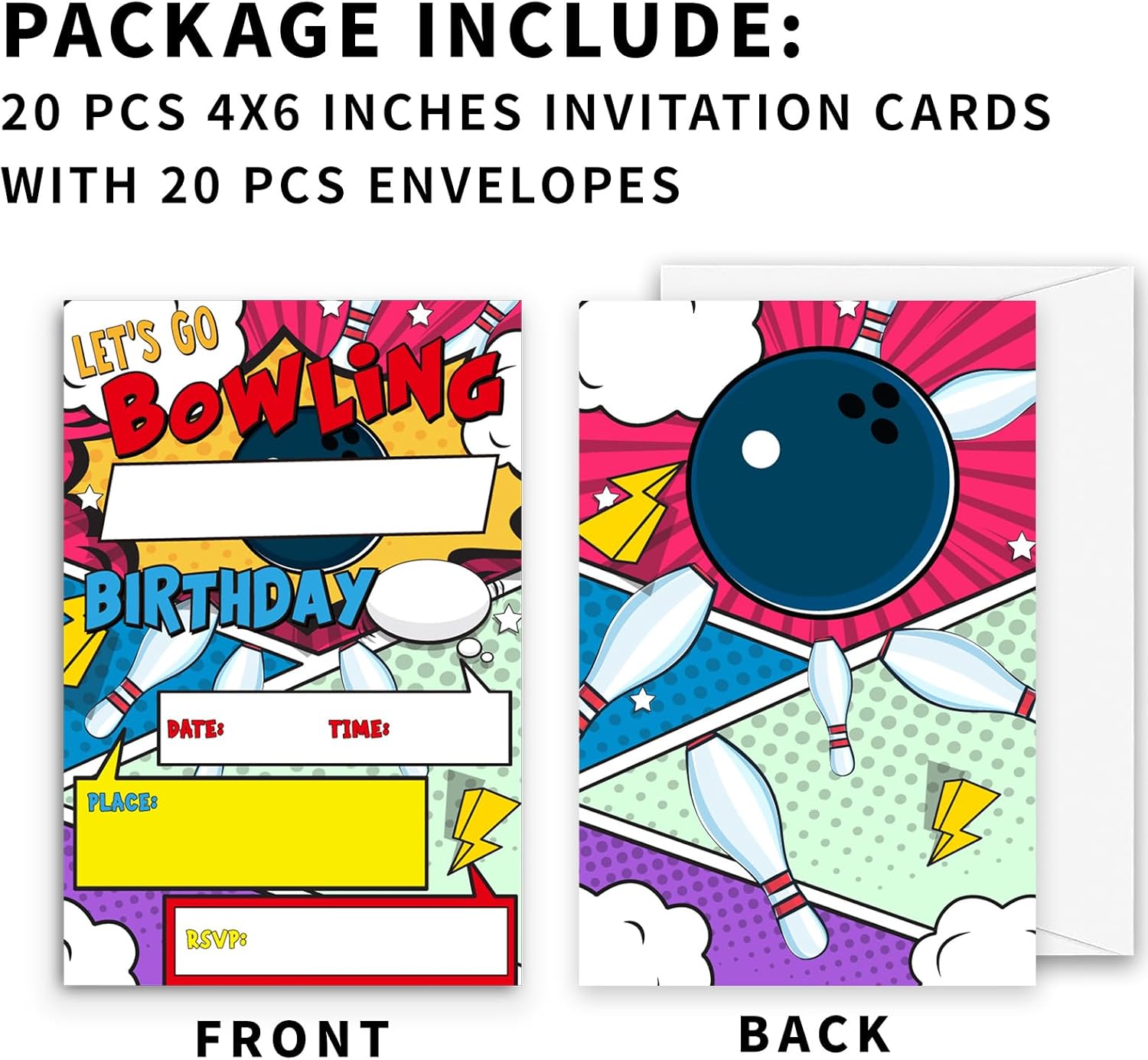 Bowling Birthday Invites with Envelopes 4x6 Inches 20 Sets