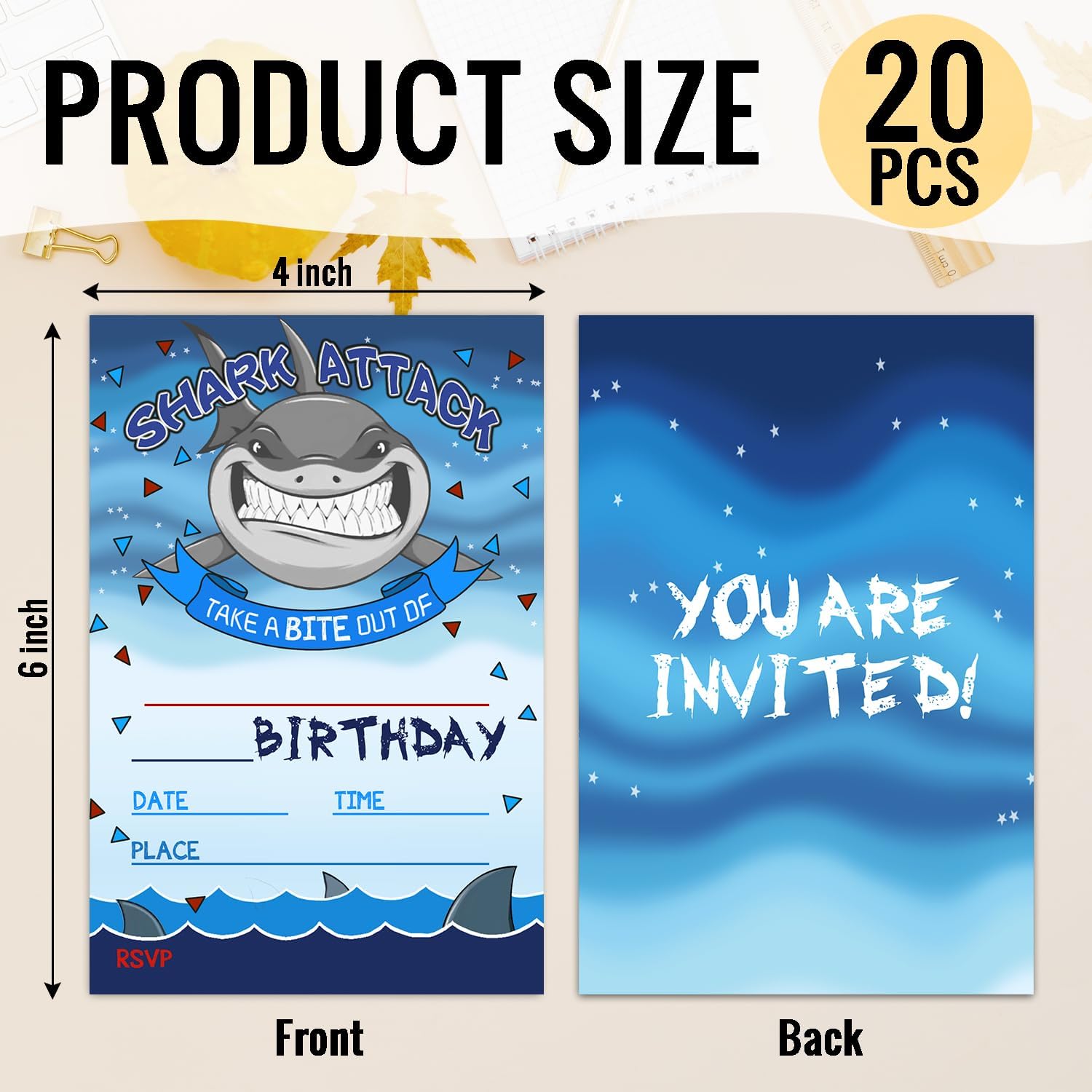 Shark Attack Birthday Party Invitations - 20 Cards