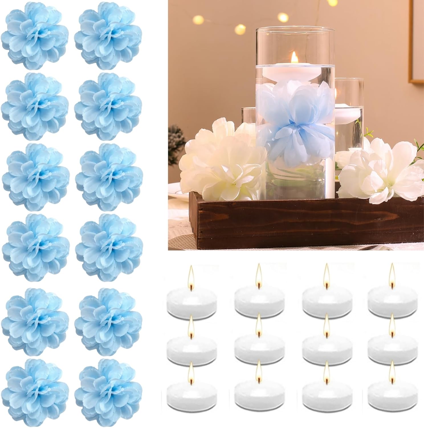 24 Pcs Floating Candles and Artificial Flowers Set Blue