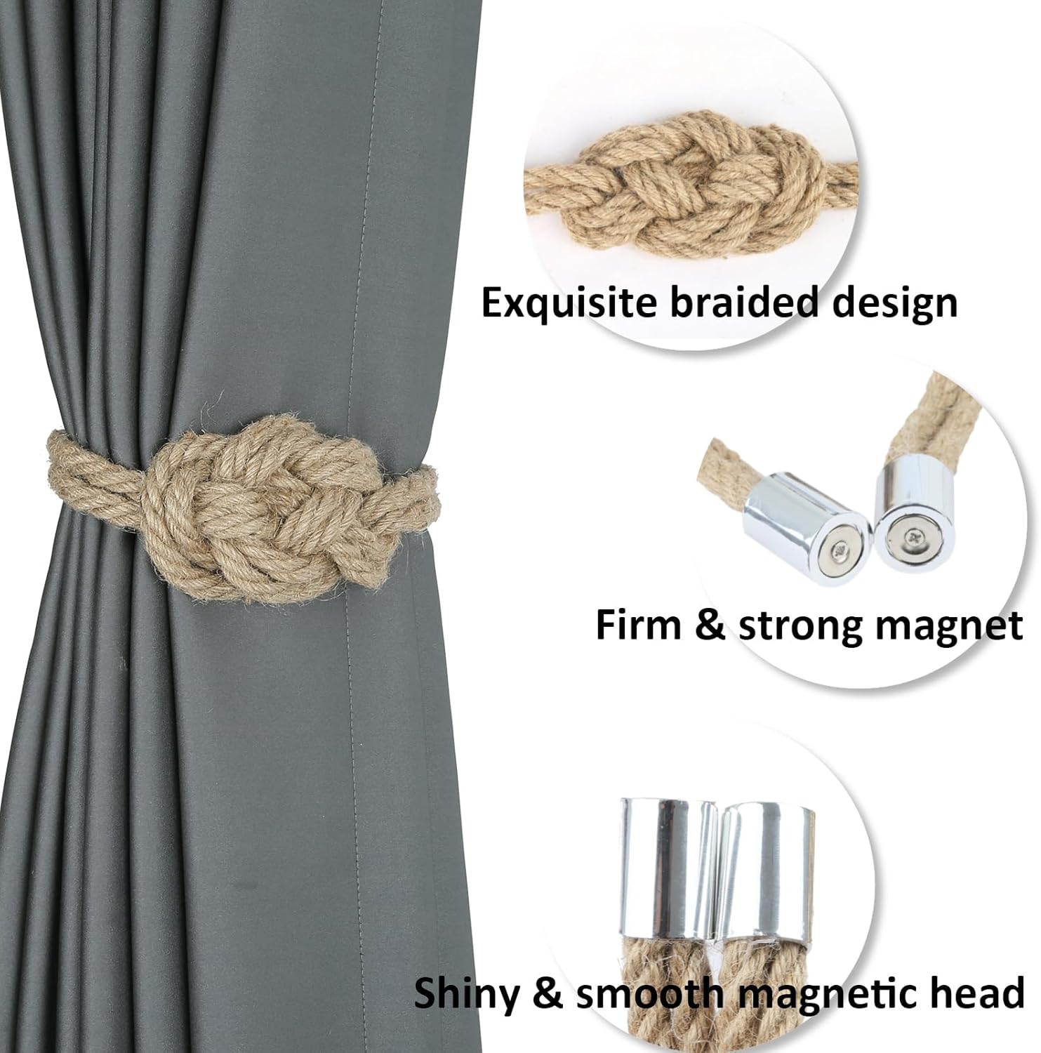 4 Pack Natural Jute Magnetic Curtain Holdbacks