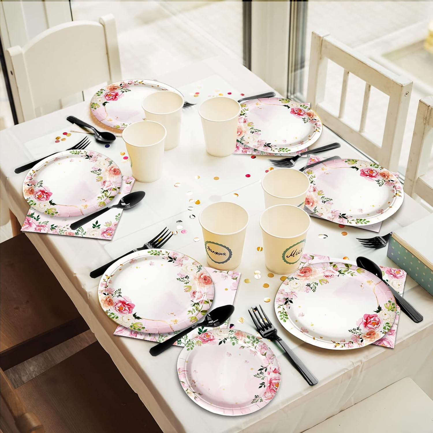 96 Pcs Pink Floral Party Plates Napkins Set for 24 Guests