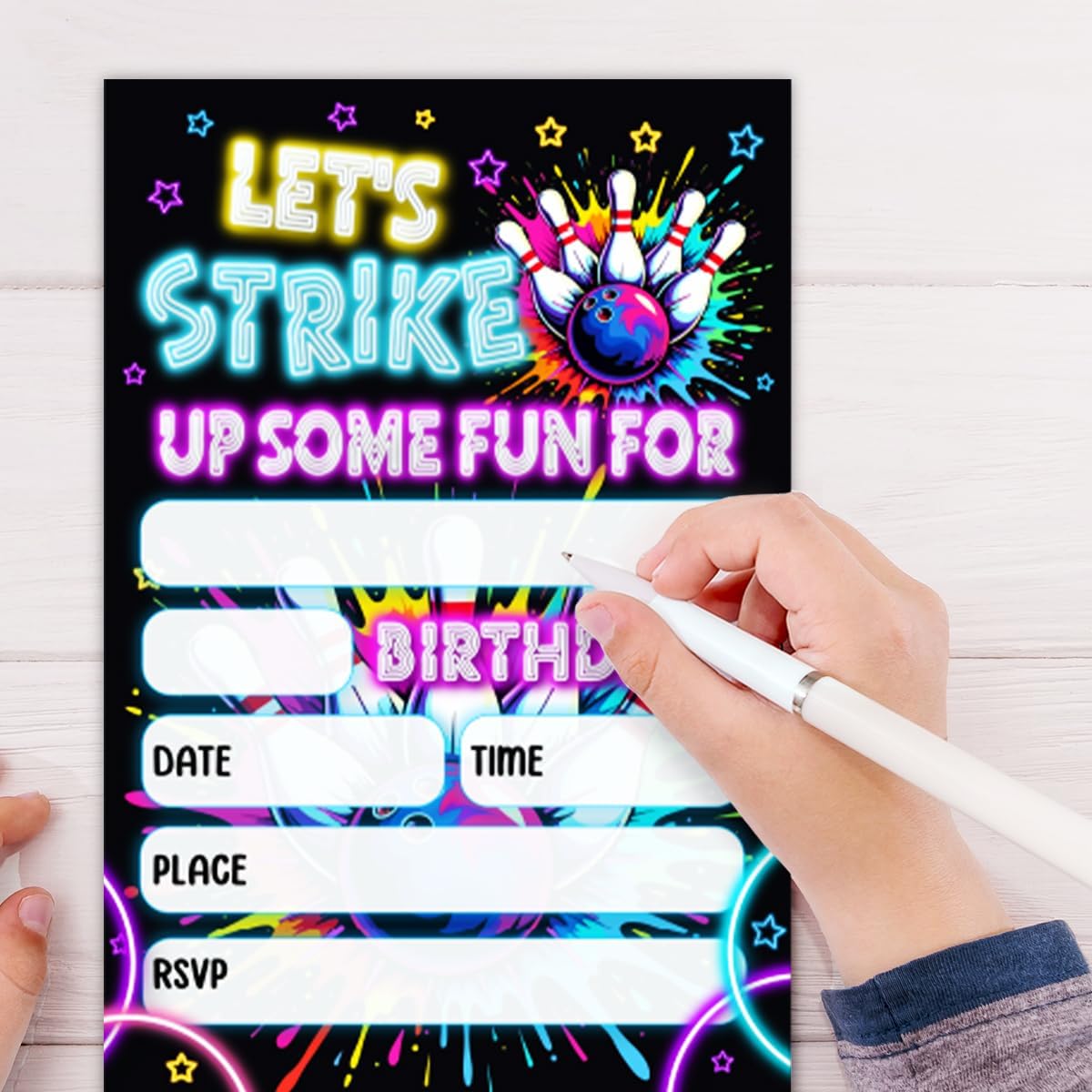 Neon Bowling Birthday Party Invitations Set