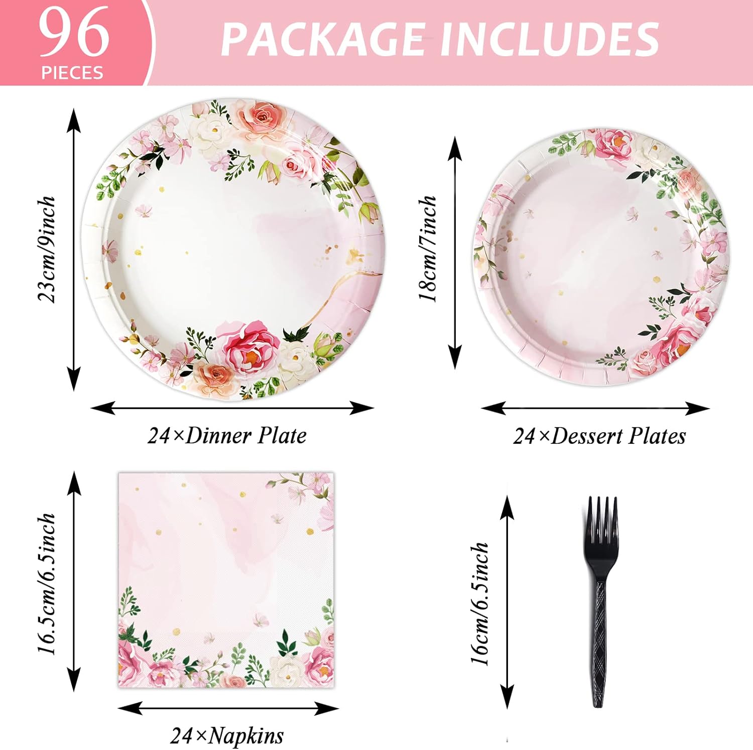 96 Pcs Pink Floral Party Plates Napkins Set for 24 Guests
