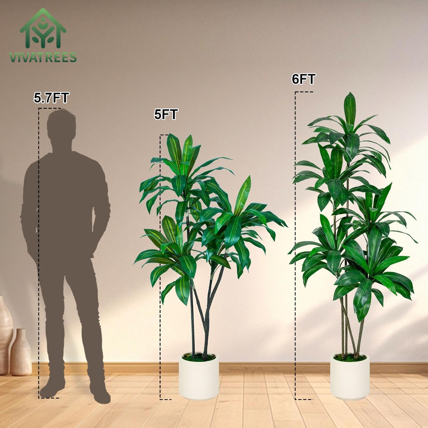 VIVATREES 6FT Artificial Dracaena Tree with White Planter