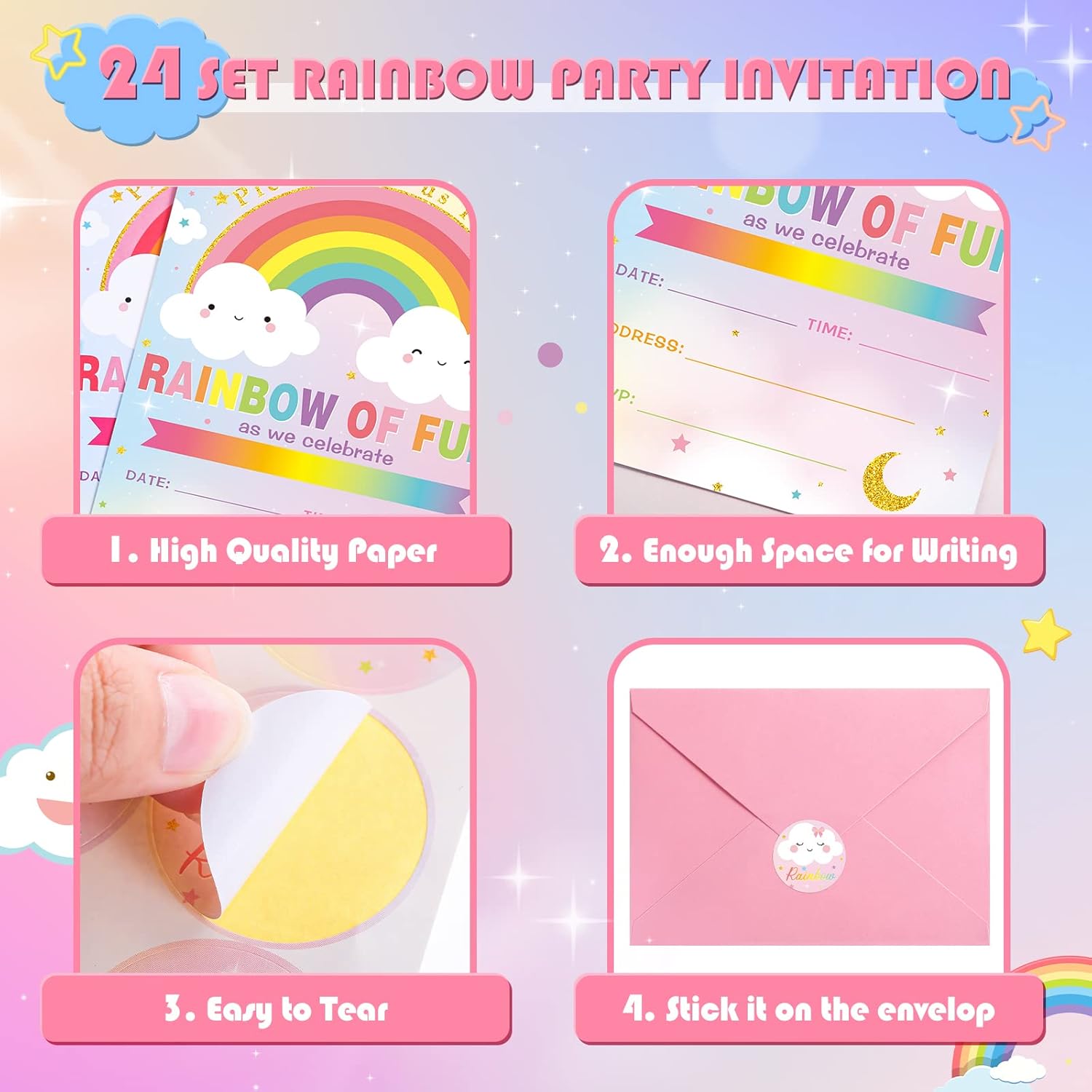24 Piece Rainbow Party Invitation Set with Envelope and Sticker