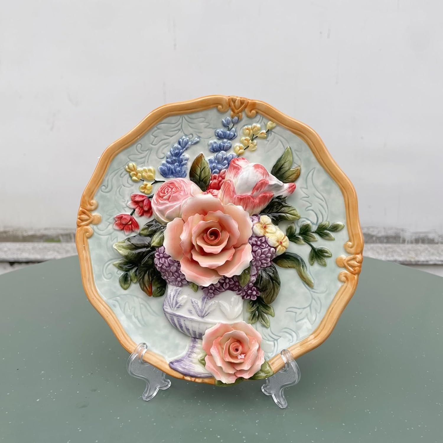 Ceramic Decorative Plate with 3D Red Rose Design - 8 Inch