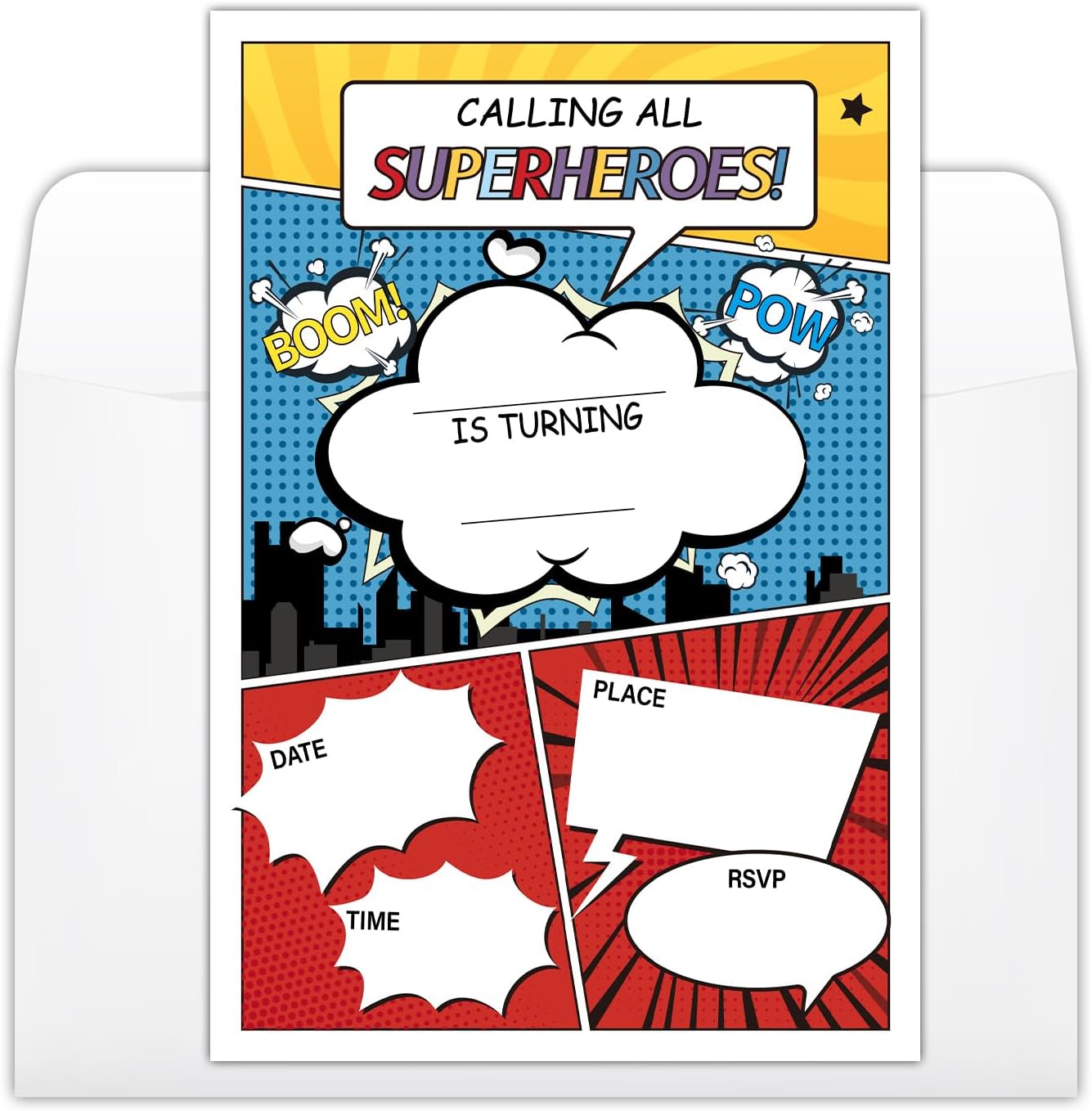 Comic Superhero Birthday Invitations with Envelopes