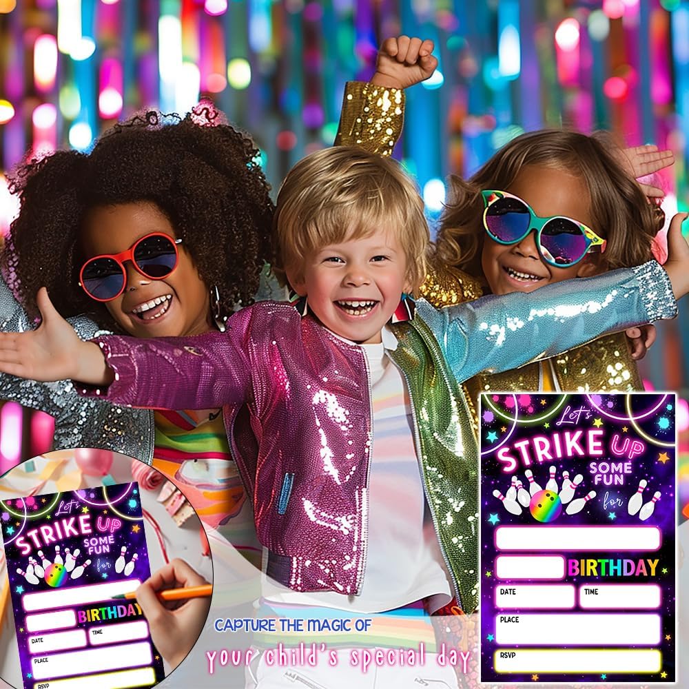Neon Glow Bowling Party Invitations Set of 20