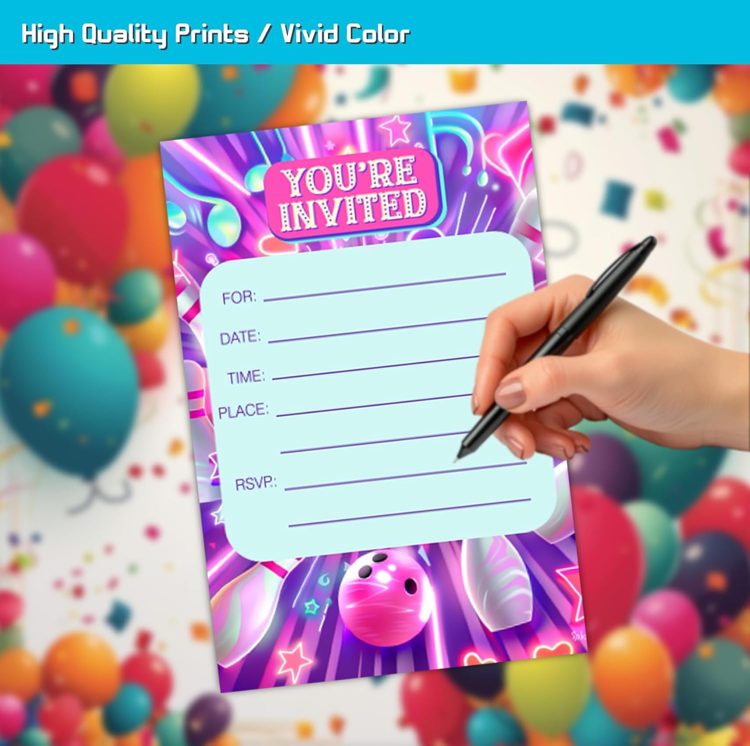 Neon Bowling Birthday Party Invitation for Girls Kids
