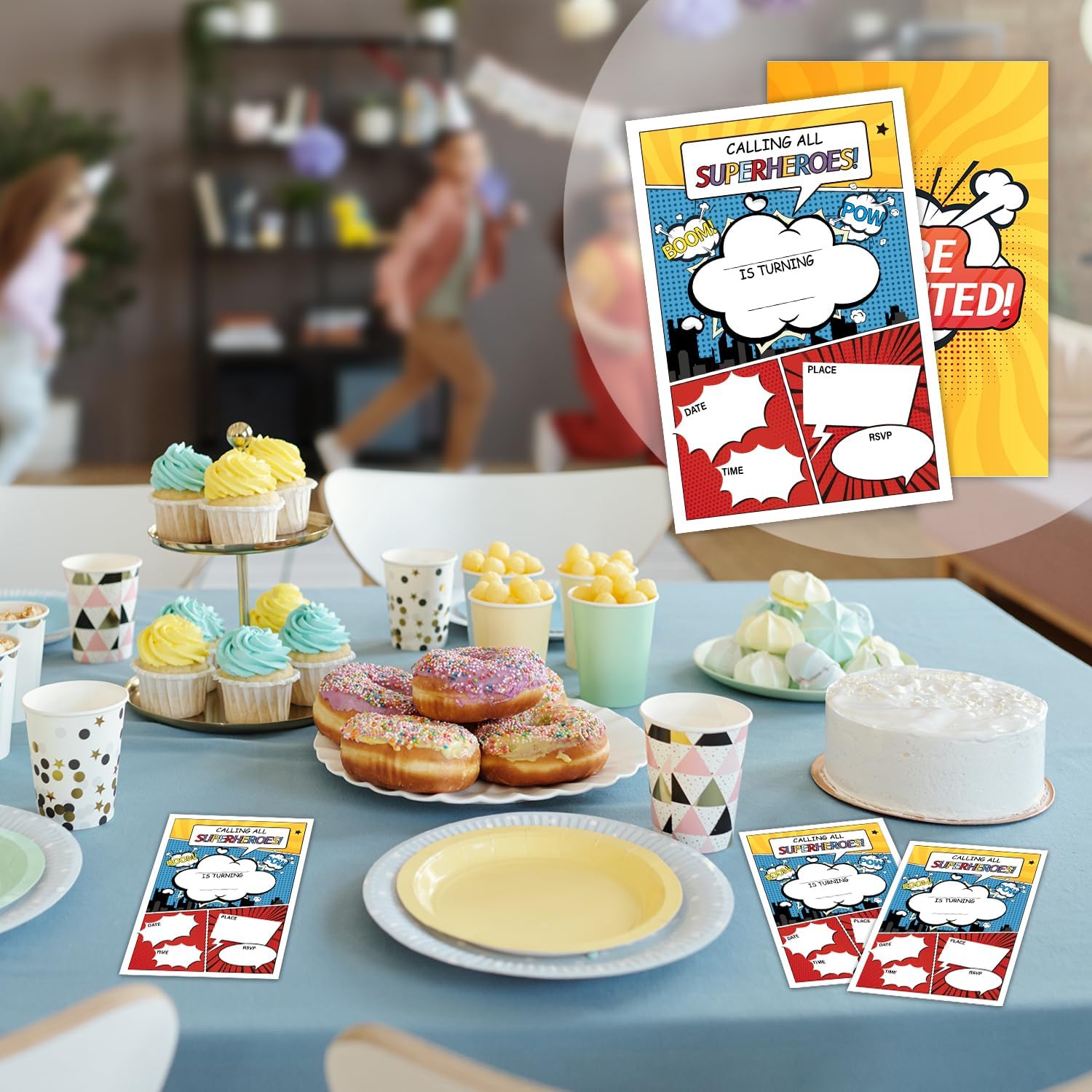 Comic Superhero Birthday Invitations with Envelopes