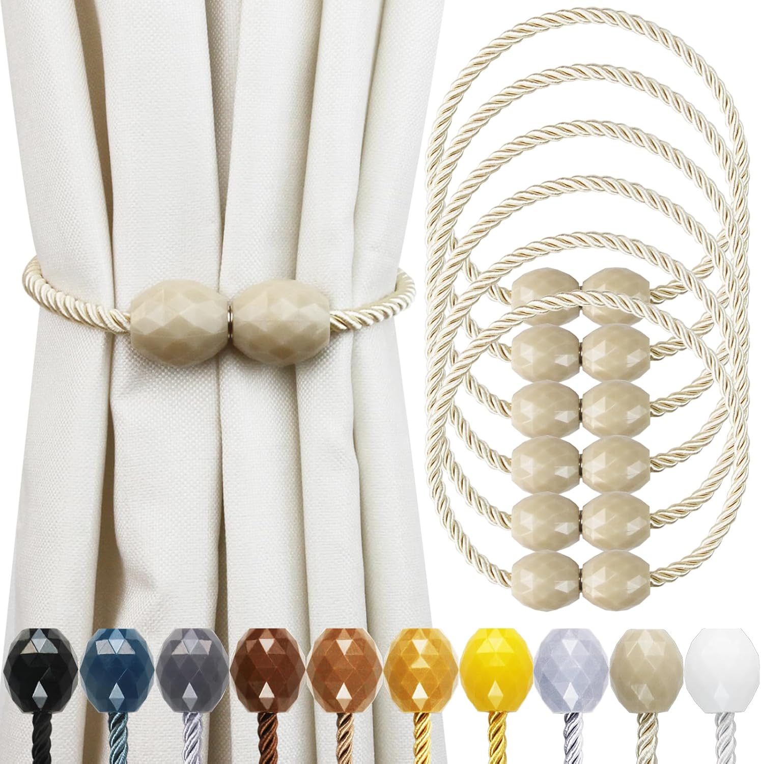 Porlau Strong Magnetic Curtain Holdbacks Beige 6 Pack