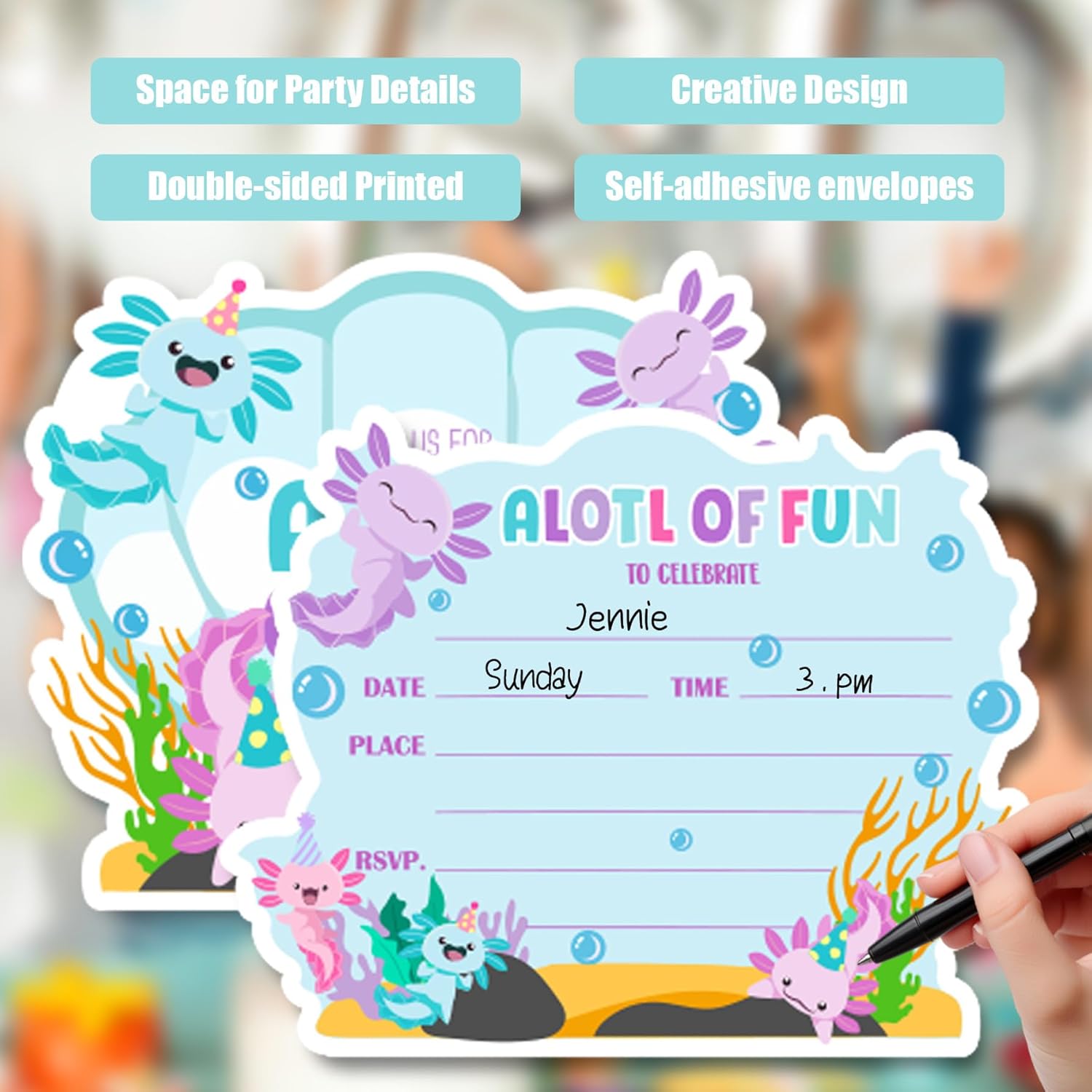 Axolotl Birthday Invitations with Envelopes 30Pcs