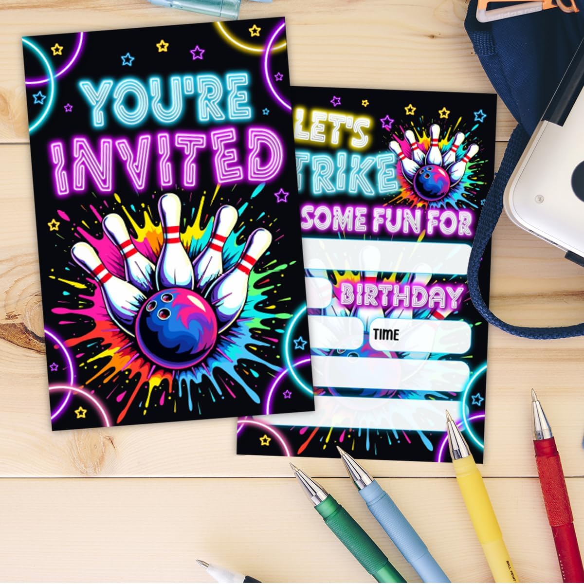 Neon Bowling Birthday Party Invitations Set