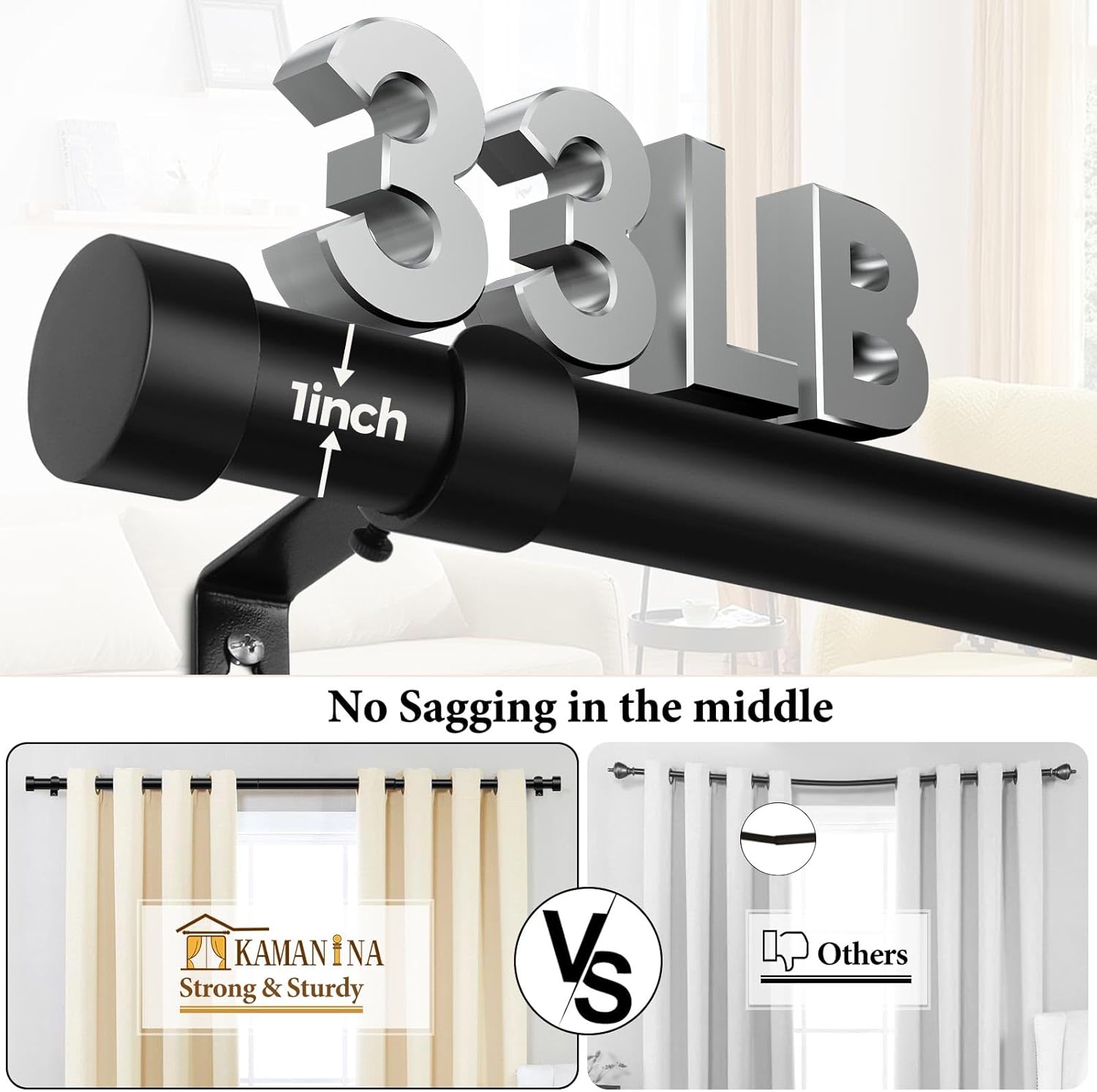 Kamanina Black Curtain Rod 32-144 Inch Heavy Duty Single Rod