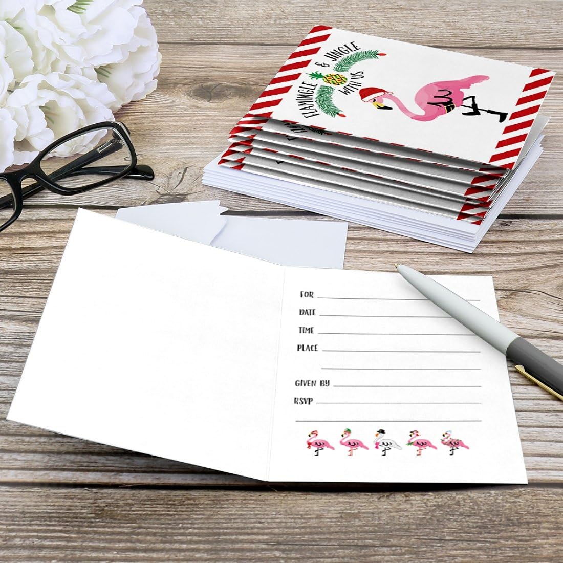 Flamingle Bells Fill-In Tropical Flamingo Christmas Party Invitations 8 Count