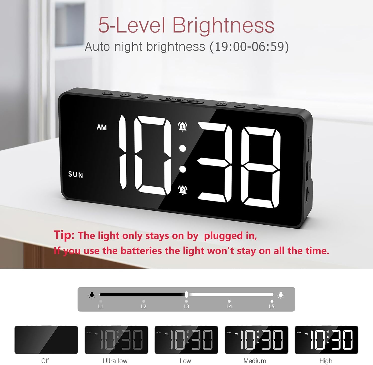 LOFICOPER 7 Inch Digital Alarm Clock with Dual Alarms
