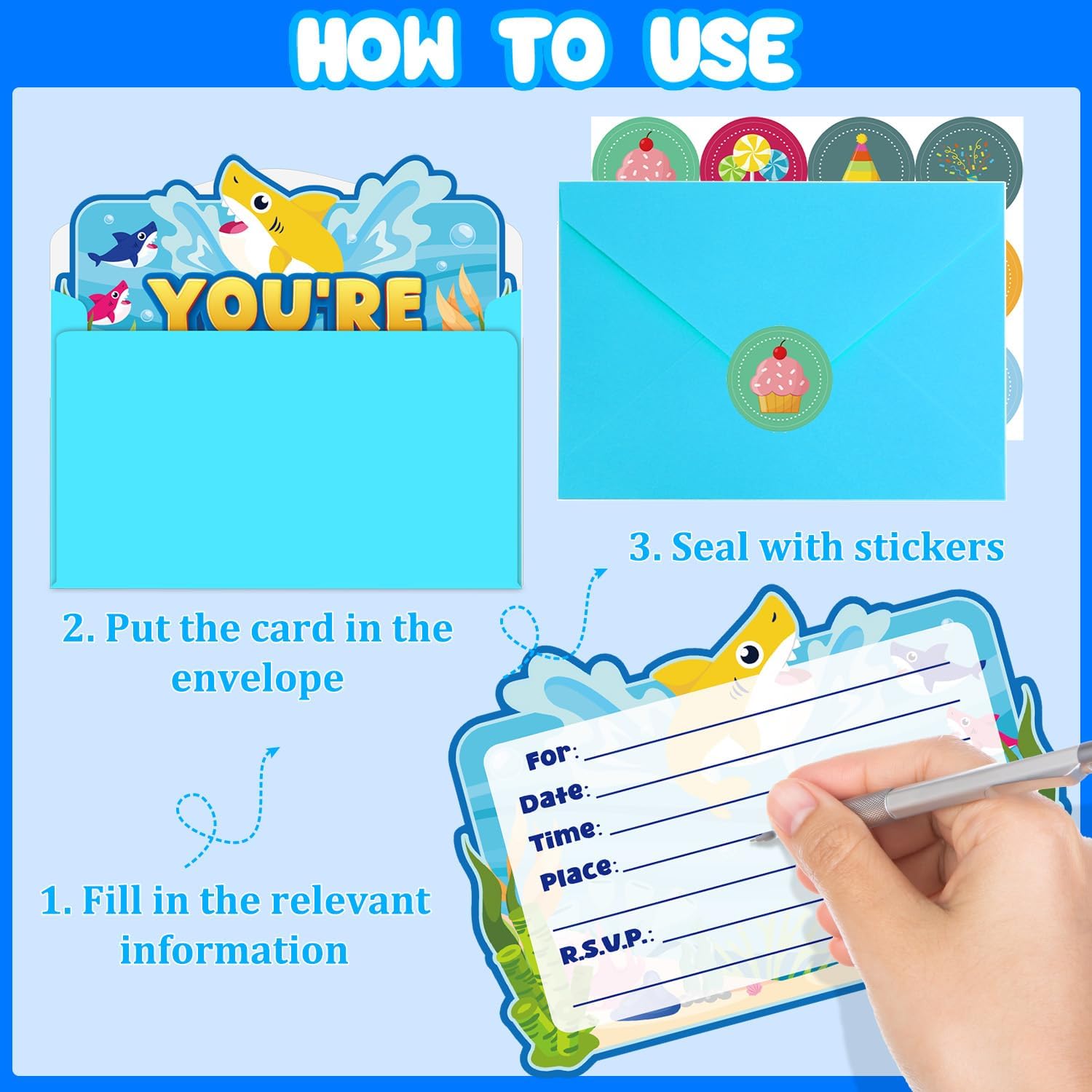 20Pcs Shark Birthday Invitations for Boys