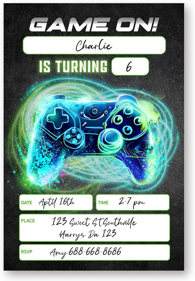 Neon Video Game Birthday Invitations Set of 20 1