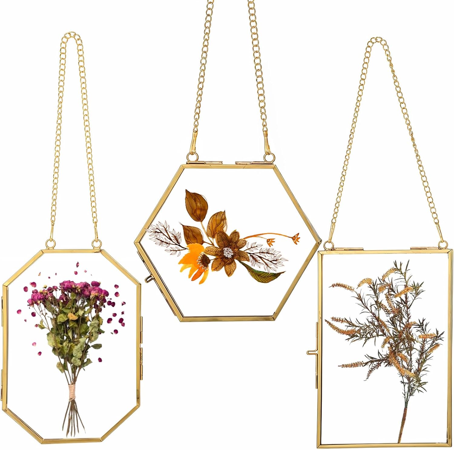3 Pcs Brass Pressed Flower Frames with Chain